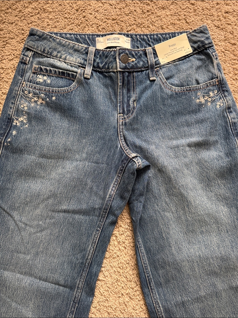 Hollister Light Blue Low-Rise Baggy Jeans with Delicate Embroidery